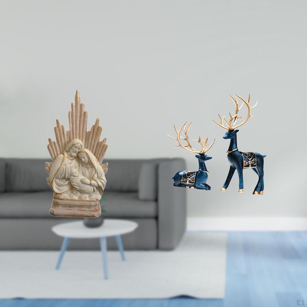 Sacred Family And Reindeer Resin Figurines Classic Christian Catholic Sculpture Deer Ornaments for