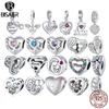 BISAER 925 Silver Family Heart Charms Beads Mom Dad Pendant for Women DIY Bracelets Necklace Mother's Day Jewelry Gift