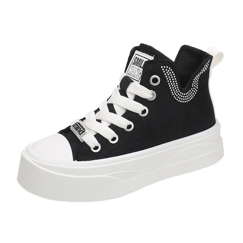 Round Headed Sponge Sole Canvas High Top Single Shoes for Women, 2024 New Casual and Fashionable Flat Sports Skateboard Shoes
