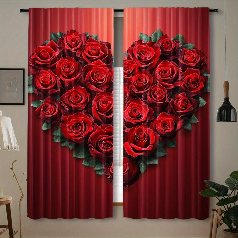 2Pcs Polyester Red Rose Valentines Printing Window Curtains Birthday Party Decoration Backdrop Drapes for Living Room