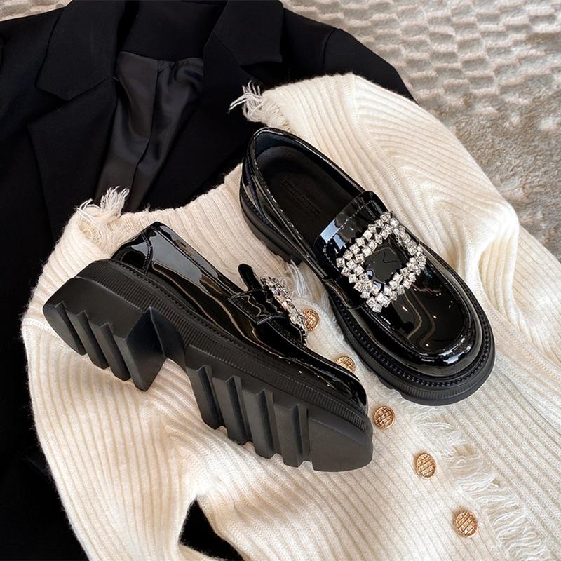 Sheepskin version~ platform loafers women's British style thick heel square buckle rhinestone small leather shoes French retro leather single shoes