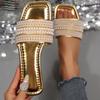 French Summer Flat Plus Size Slippers Sandals One Word Fashion Square Head Pearl Rhinestone