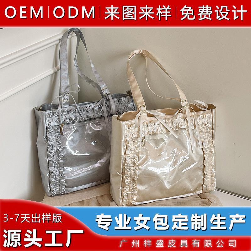 

New pleated bow tied ribbon painful shoulder crossbody portable large-capacity transparent bag чёрный
