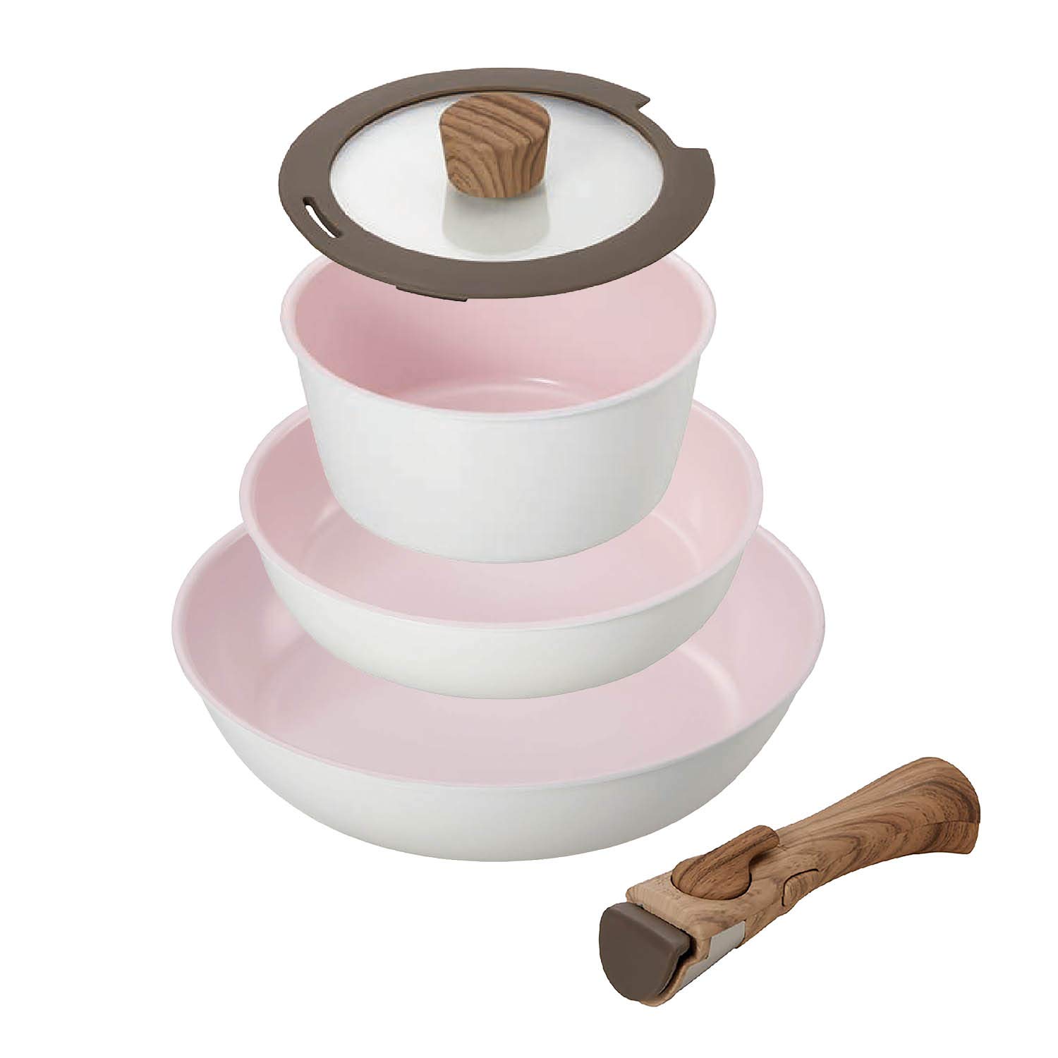 

Bestco Frying Pan and Pot Set Sakura White Cerati Ceramic IH Compatible Removable Handle 5-Piece One-Handle ND-8183