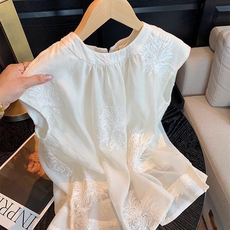 

Вышивка без рукавов большого размера тонкая рубашка жилет женский летний летний темперамент элегантный топ M [Recommended within 50kg] белый