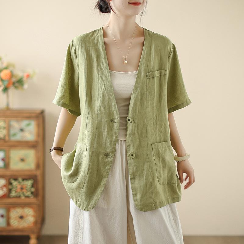 

2026 Women s Summer Cotton-Linen Short-Sleeve Cardigan Jacket 2XL