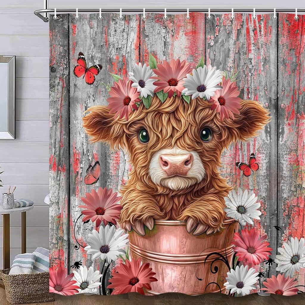 Funny Highland Cow Shower Curtain for Bathroom Decor, Teal Farm Teal Daisy Floral Flowers and Butterfly On Country Wooden