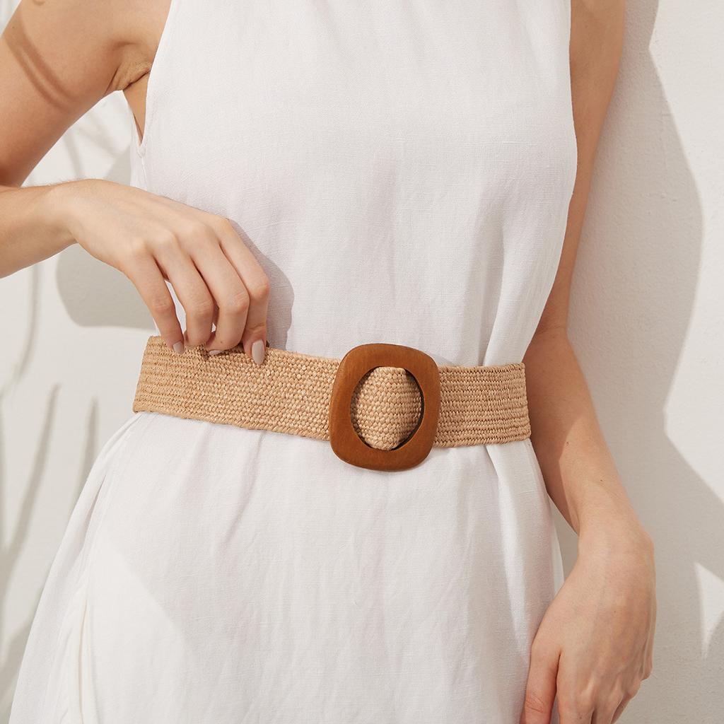 New Spring and Summer Elastic Pp Grass Square Wood Buckle Ethnic Style Ladies Versatile Belt Boho Style Webbing