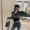 Casual Sweater Women's Autumn New V-neck Short Waist with a Thousand Bird Plaid Shirt Tight