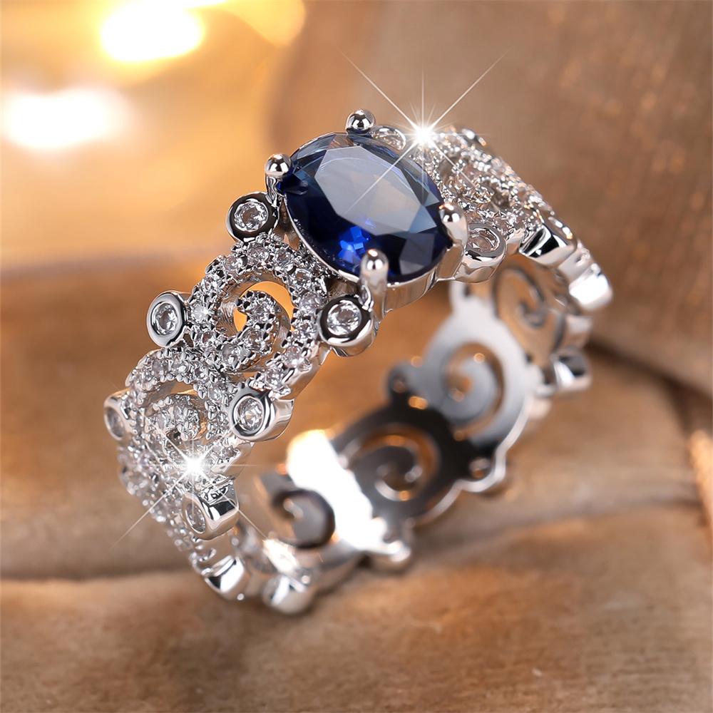 Blue Crystal Oval Stone White Zircon Rings For Women Vintage CopperColor Engagement Bands Wedding Jewelry Bridal Versatile Gift