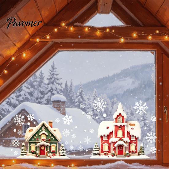 Christmas Window Clings Cabin Static Glass Stickers, PVC Snow House Windows Decals for Holiday Home Indoor Outdoor Decor Decor, Reusable Waterproof