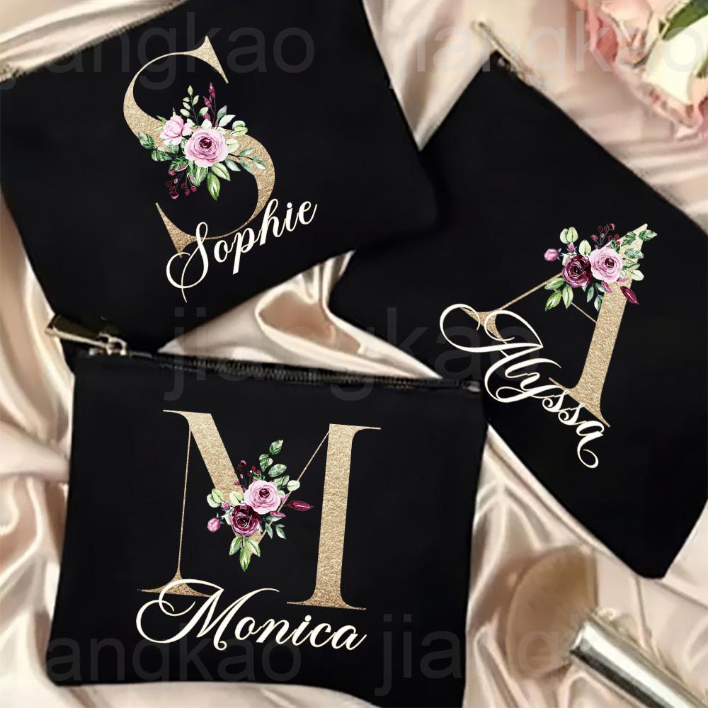 Personalised Letter with Name Makeup Bag Bridal Cosmetic Case Canvas Monogram Toiletry Bags Birthday Wedding Bridesmaid Gifts