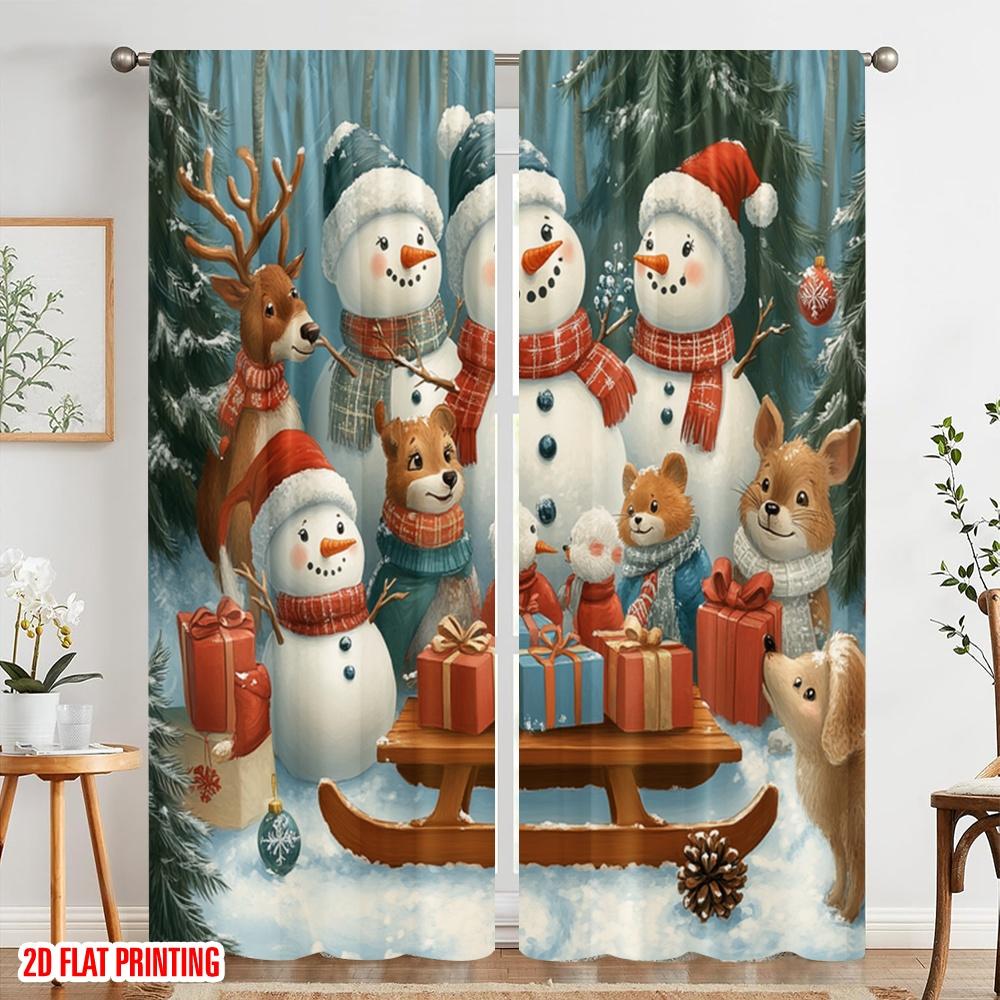 2pcs,2D plane printing Popular Curtain Panels Cute Snowmen Forest Friends Versatile 100% Polyester (without rod) Decorations For