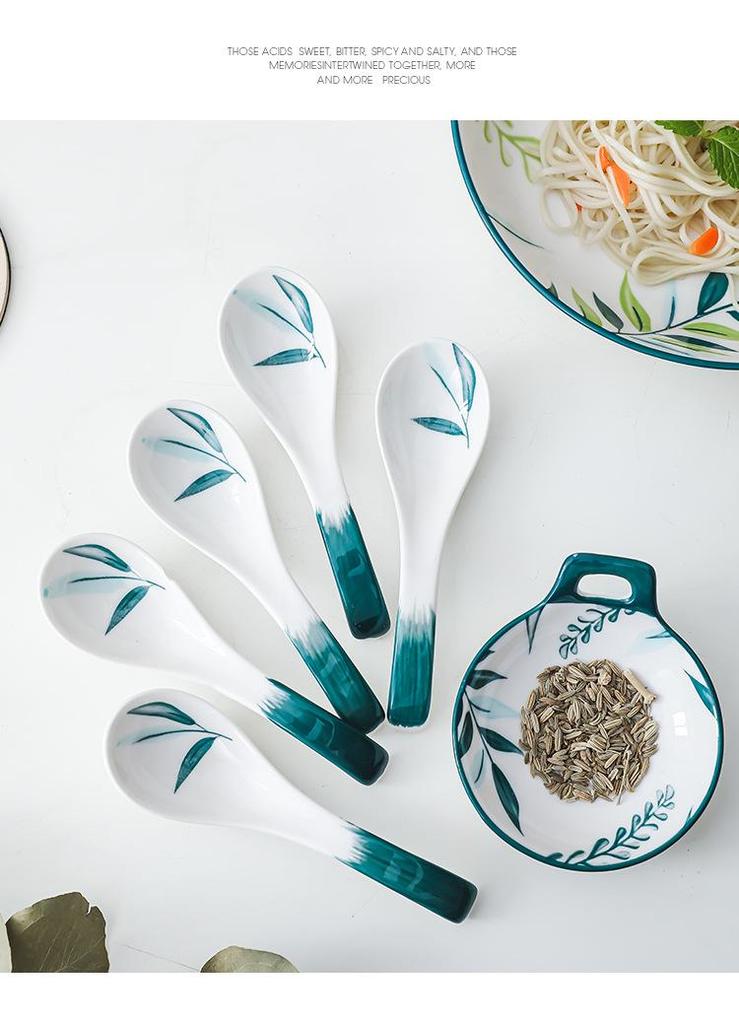 Juego de Cuencos de Cerámica con Hoja de Bambú Bajo Esmalte apto para Microondas para Arroz y Ramen