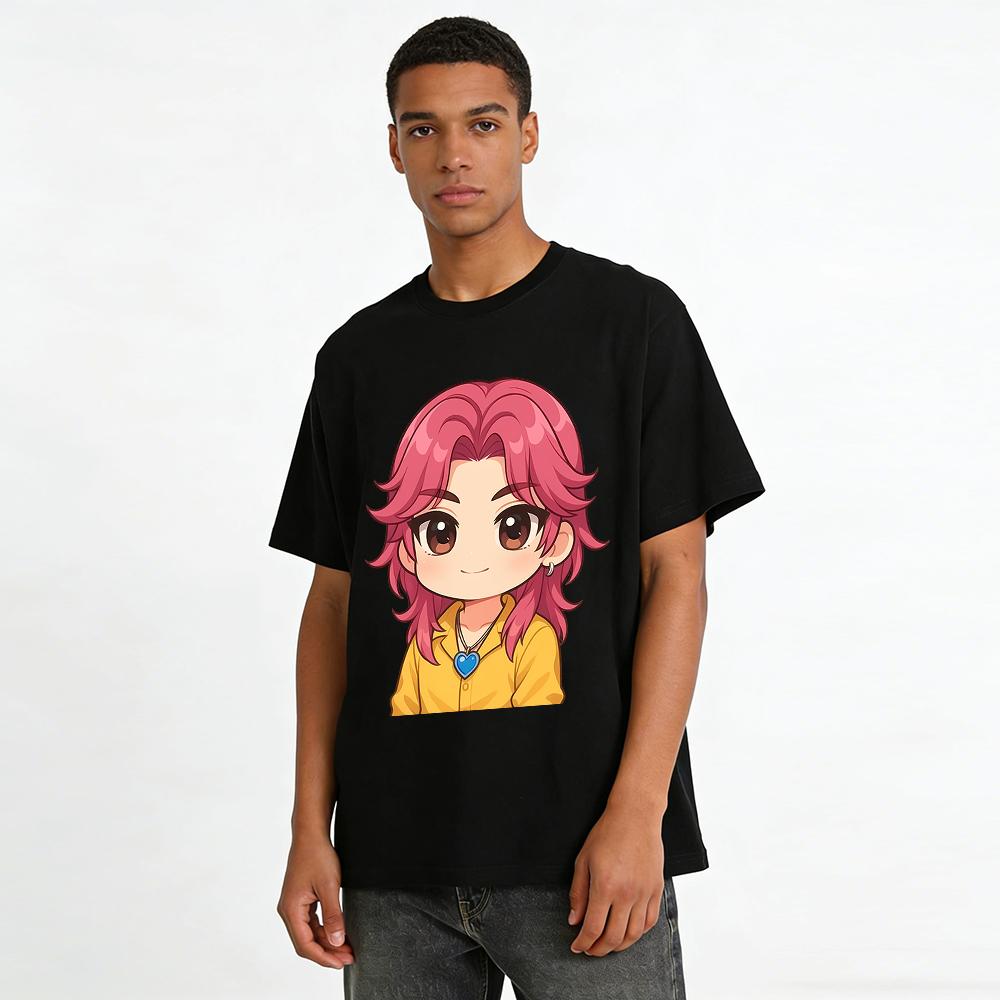 Trendy Pink-haired Cartoon Character Print Casual Top Unisex Loose Fit Daily Commute Long-sleeve T-shirt Pure Cotton T-shirt