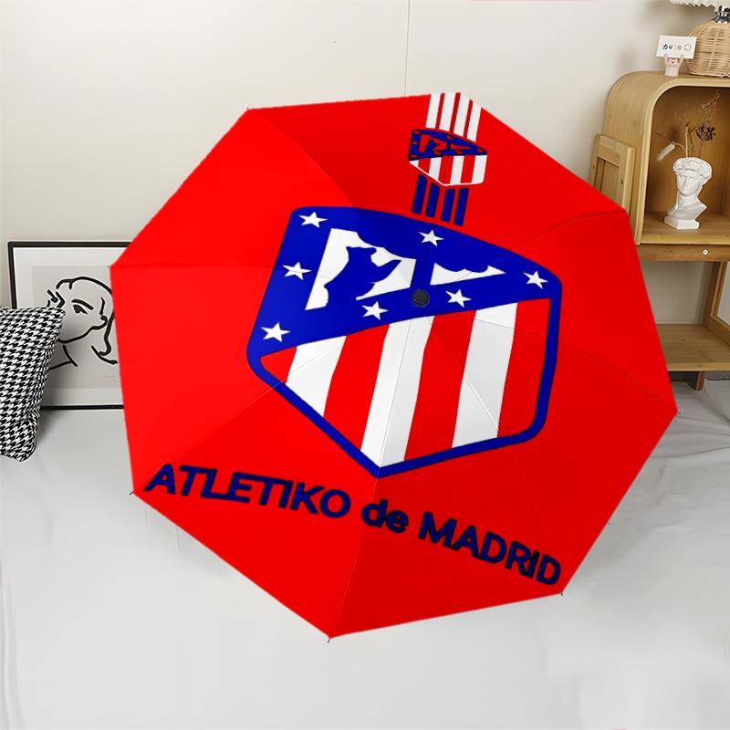 Atlético Madrid logo Print Automatic Umbrella, 8 Rib Iron Frame, Plastic Handle, Suitable for Outdoor Travel &Daily , Ideal Gift