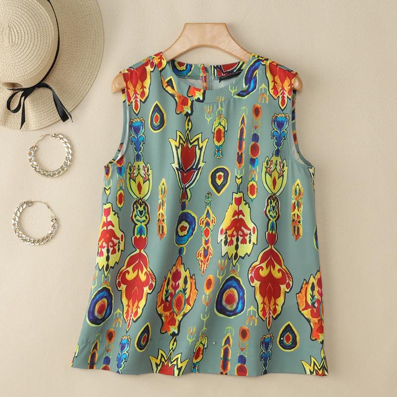 

ZANZEA Women Casual Round Neck Sleeveless Summer Print Tank Tops 5XL армия зеленый