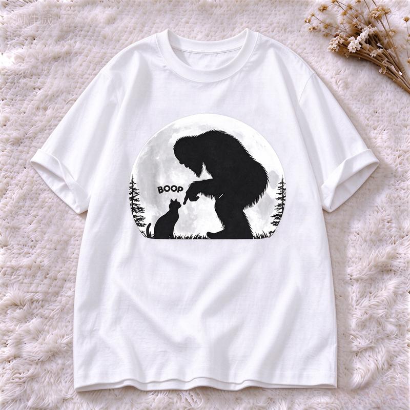 Moon Silhouette Bigfoot Cat Graphic Tee Casual Short Sleeve O Neck Top Funny Boop Letter Print Street Style Unisex T Shirt Top