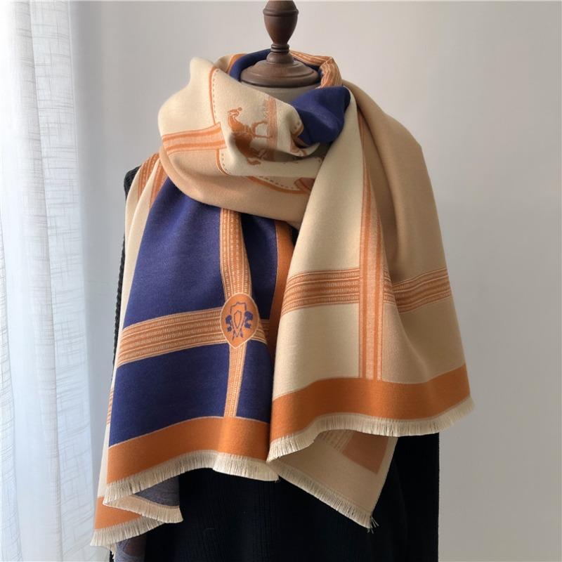 Autumn and winter new color matching fringed hair scarf women's splicing thickened shawl fashion one piece