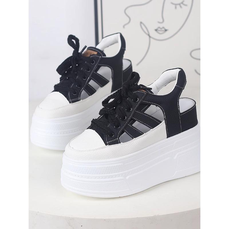 Fashion 11CM Hollow Full Cow Genuine Leather Women Summer Shoes Platform Sneakers Wedge Hidden Heel Women Summer Sandals Platform