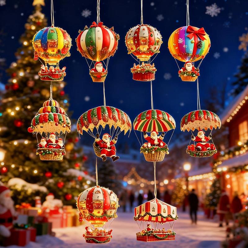 Christmas Wooden Hot Air Balloon Santa Claus 2D Flat Wooden Pendant Christmas Tree Decoration Perfect Holiday Gift Decor