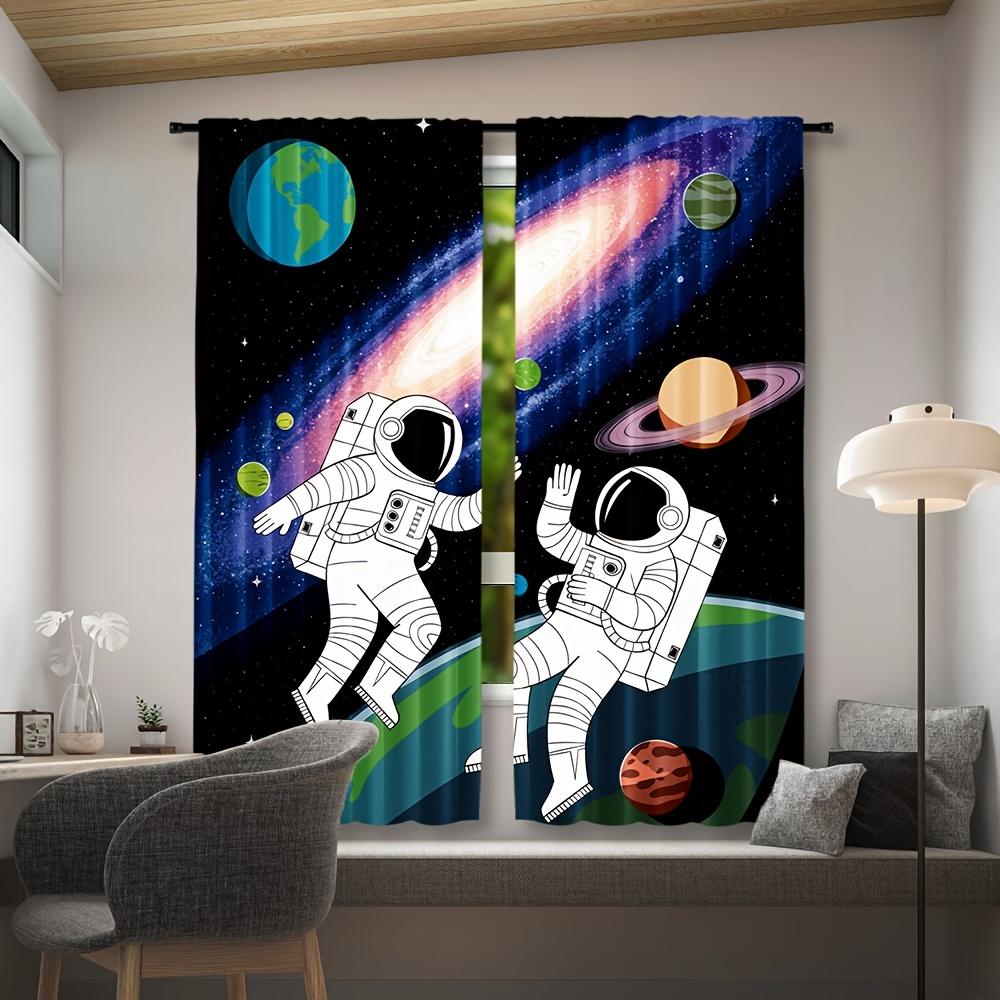 Set Of 2 Modern Astronaut Galaxy Curtains Semi Polyester Woven Panels Decorative Curtain Light Filtering With Rod Pocket Machine Washable