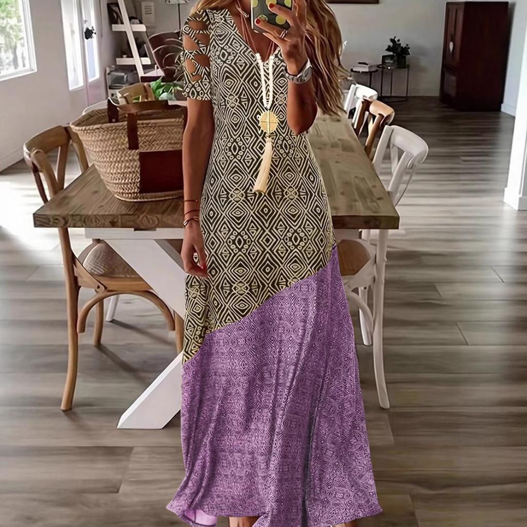 European and American women's clothing summer v-neck empty casual fashion printing, dress long dress
