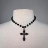 Temperament Trendy Inlay Red Zircon Black Hollowed-out Cross Pendant Necklace for Women Gothic Dark Halloween Party Jewelry Gift