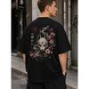 Herren Oversized Schwarzes T-Shirt mit Japanischer Kitsune Fuchs & Kirschblüten Grafik, Kurzarm Rundhals Weiche Baumwollmischung für Streetwear Casual