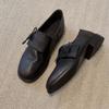 Cowhide Version~ Retro Minimalist Thick Heel Small Leather Shoes Round Head British Style Loafers Versatile One-pedal Black Single Shoes