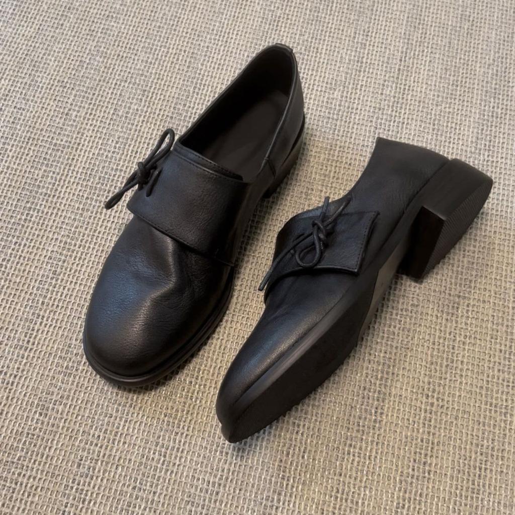 Cowhide Version~ Retro Minimalist Thick Heel Small Leather Shoes Round Head British Style Loafers Versatile One-pedal Black Single Shoes