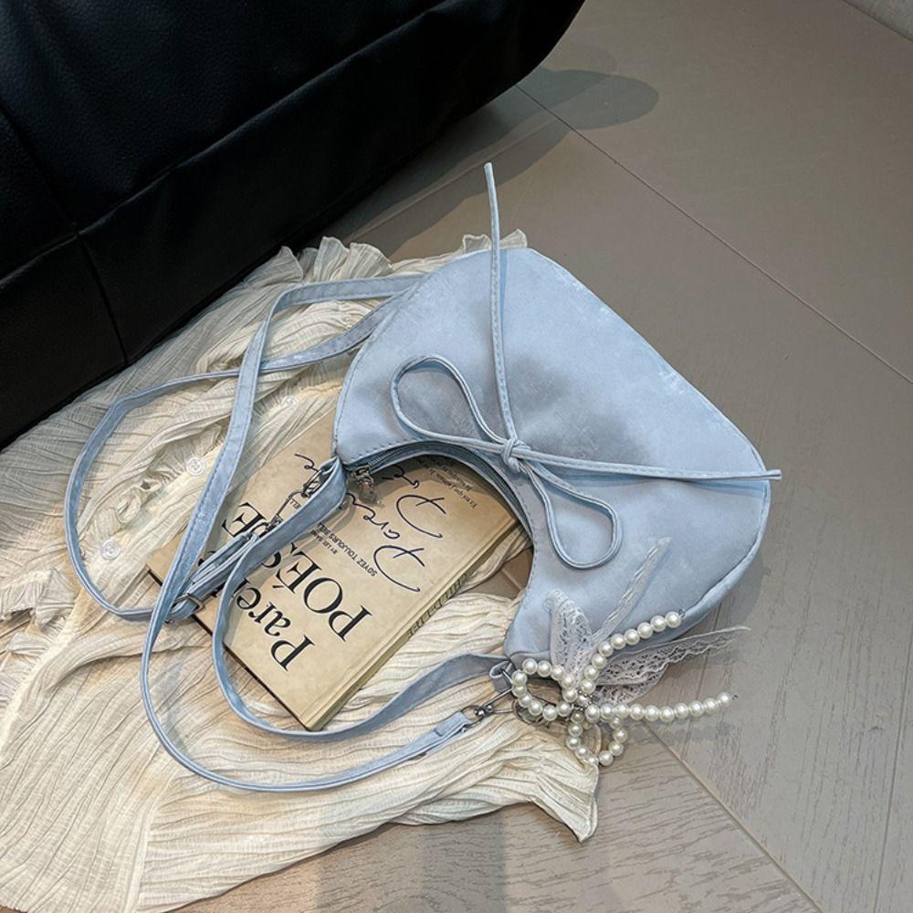 Lace Pearl Pendant Bow Shoulder Bag Large Capacity French Style Handbag PU Hobo Bag  Streetwear