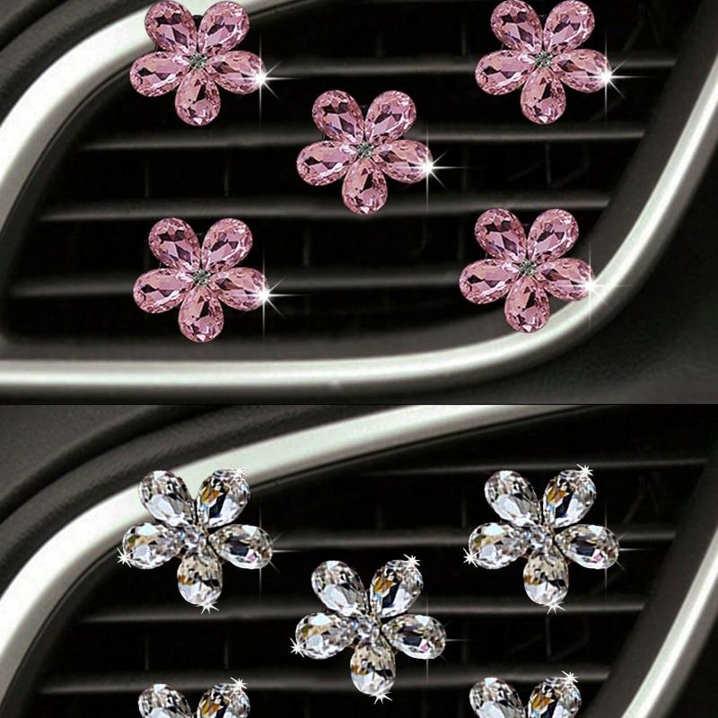 5pcs Pink/White Crystal Car Air Vent Fragrance Decoration Clip, Auto Interior Decor Accessories