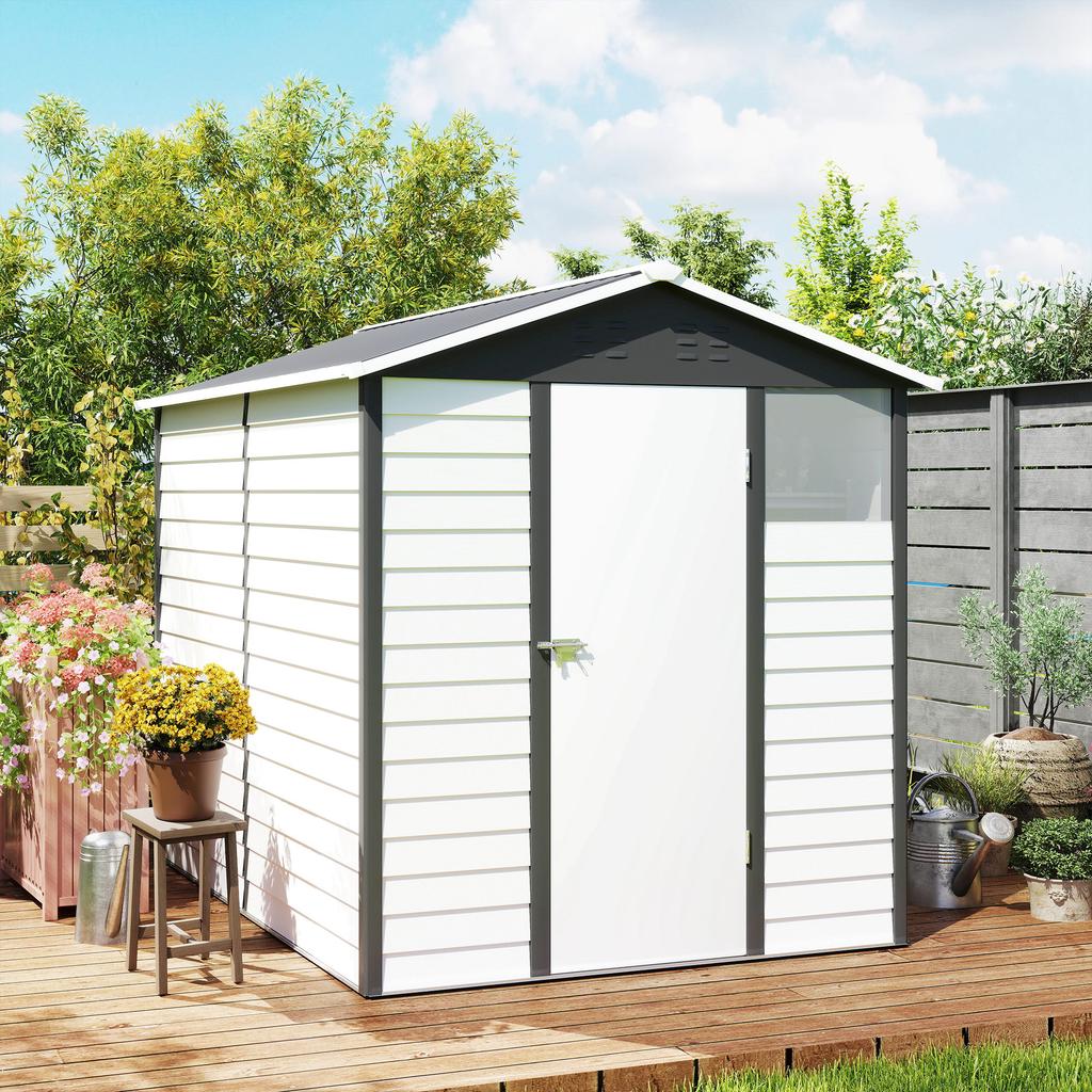 9x 6FT Metal Outdoor Garden Shed, Galvanised Tool Storage Shed W/ Sloped Roof, Lockable Door for Patio Lawn, Dark Grey