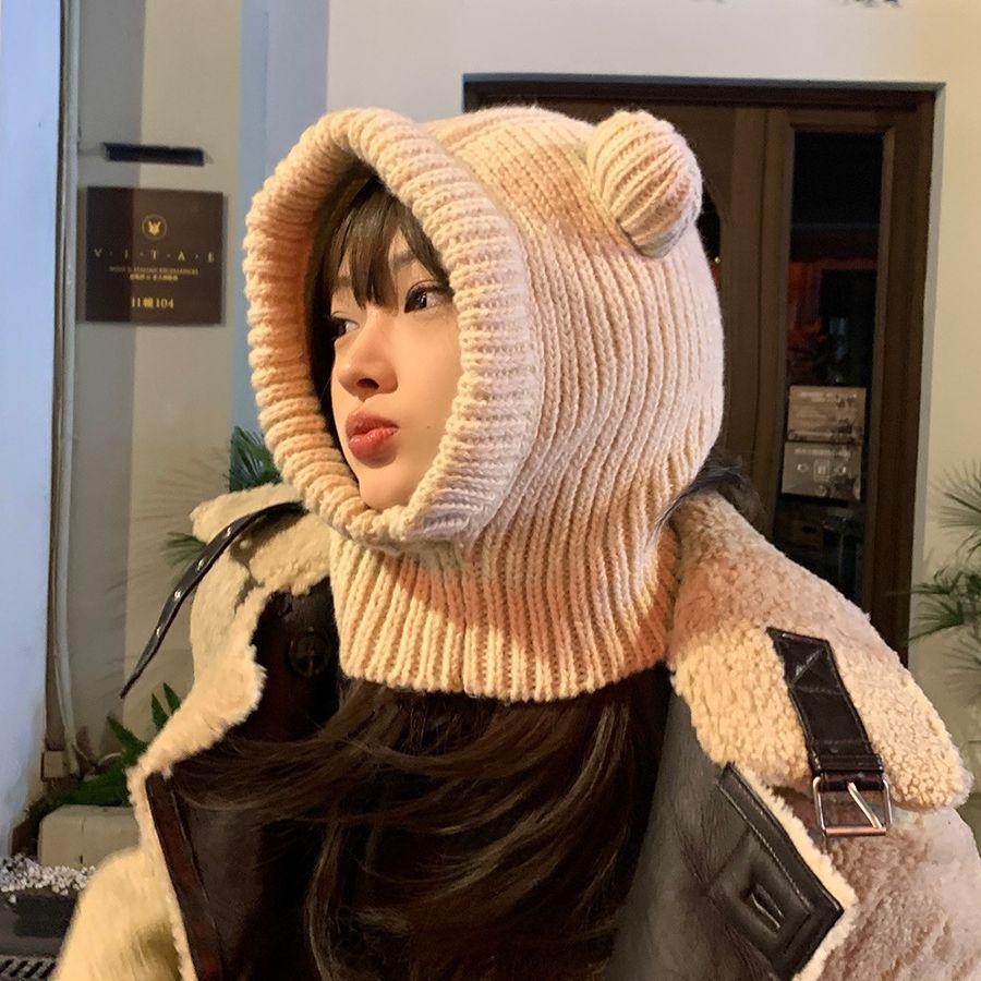 Cute Bear Ears Woolen Hat for Women in Autumn and Winter Plus Velvet and Thickening To Prevent Cold and Warm Neck Protection and Hood One Piece Hat