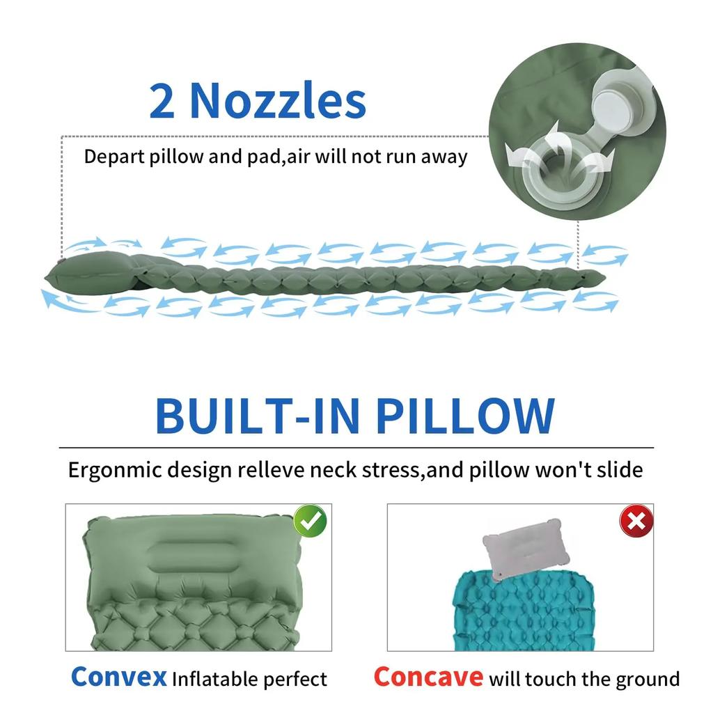 Ultra-Light Inflatable Camping Sleeping Pad with its Built-in Foot Pump and Pillow - Hiking pad, Backpacking Pad
