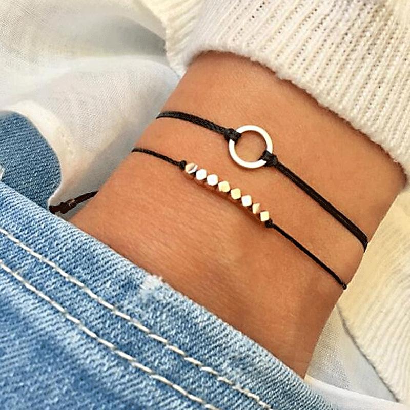 Bohemian Geometric Multi-Layer Bracelet Ladies Cord Chain Gold Circle Pendant Bracelet 2-Piece Accessories