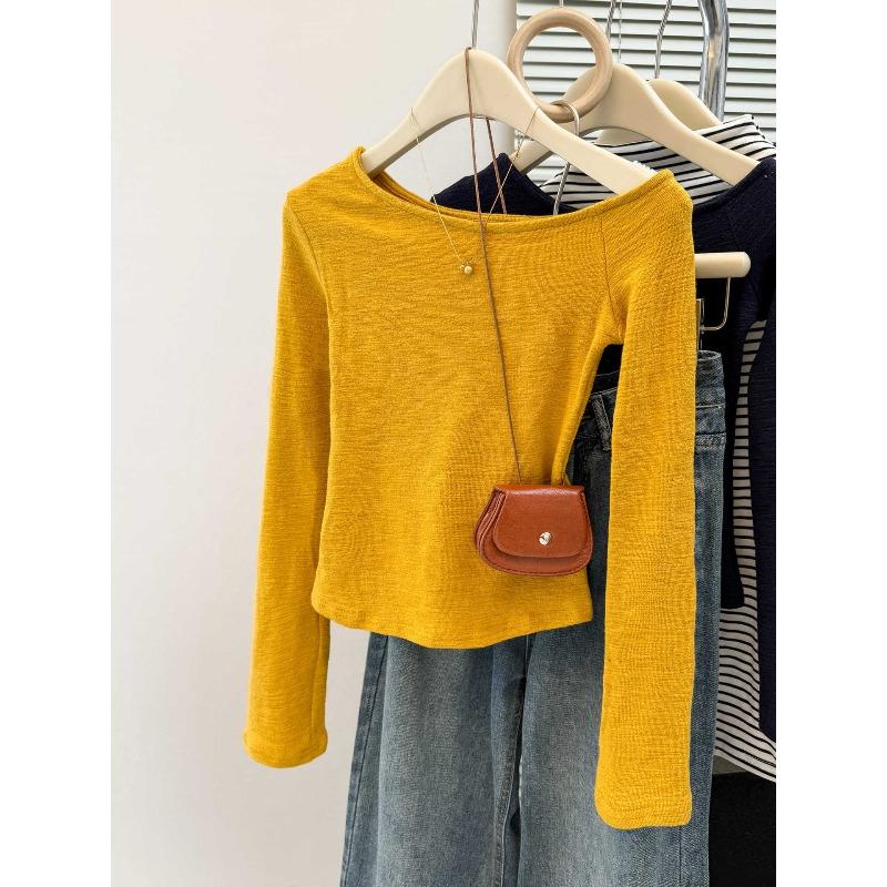Real shot diagonal neck off-the-shoulder long-sleeved T-shirt women's early autumn slim-fit bottoming shirt with a solid-color top inside