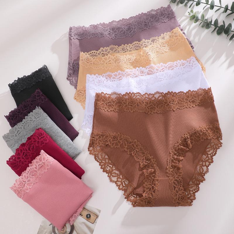 1pcs Women's High Waisted Plus Size Lace Spliced Cotton Underwear, Full Coverage Fashionable, Breathable, Soft and Comfortable Women's Underwear