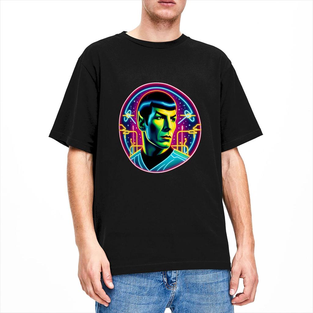 Vintage TShirt Summer Stars Treks Spock Ruminations In Neon Novelty T Shirts Cotton Tshirt for Men Y2K Basic Plus Size Top Tees