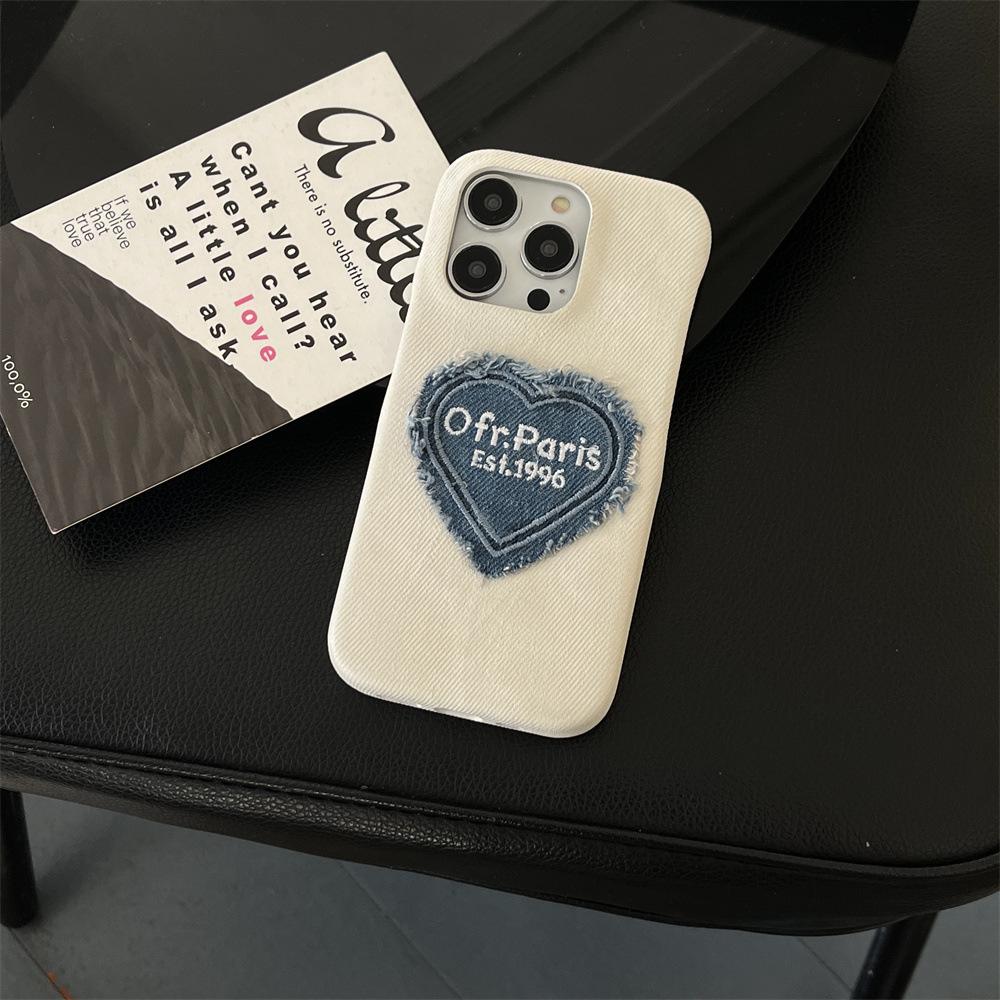 Denim Embroidery Heart Cartoon Phone Case for iPhone 13/12/14/15/16/17 PRO