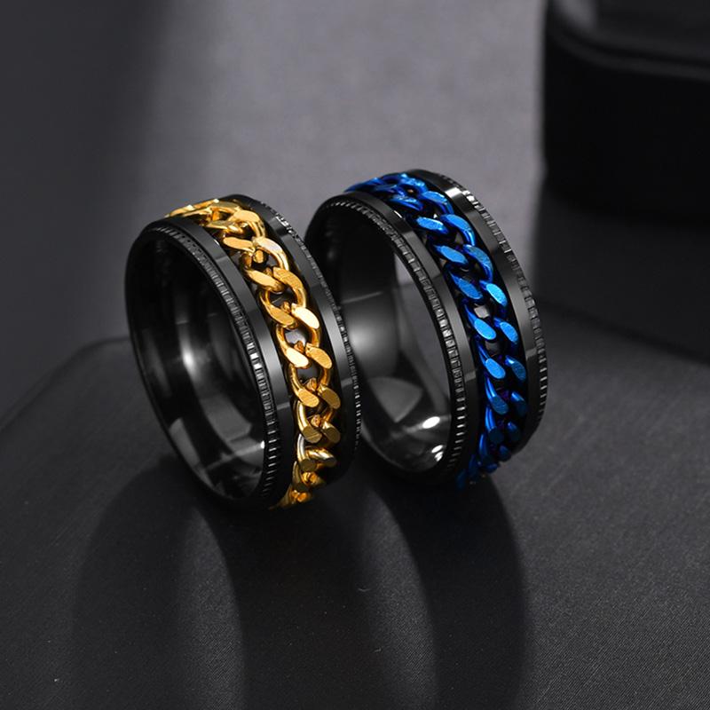 Rotera Roterande Ångest Fidget ringar Titan Rostfritt stål Kedja Spinner Finger Ring För män Blå Guld Färg Svart Punk Rock