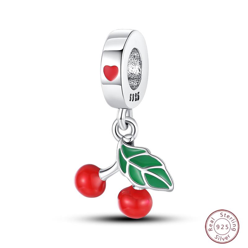 Copper Beaded Pendant Red Shiny Zircon Fruit Strawberry Cherry For Original 3Mm Bracelet Women Fine Jewelry