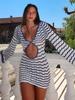 Sexy Boho Striped Chic V-Neck Cut Out Bell Sleeve Knit Dress  Summer Women Seaside Holiday Mini A-Line Dress Unx8