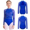 Girls Sparkling Rhinestones Gymnastics Leotard Sheer Mesh Long Sleeves Cross Front Cutout Back Bodysuit for Dance Performance