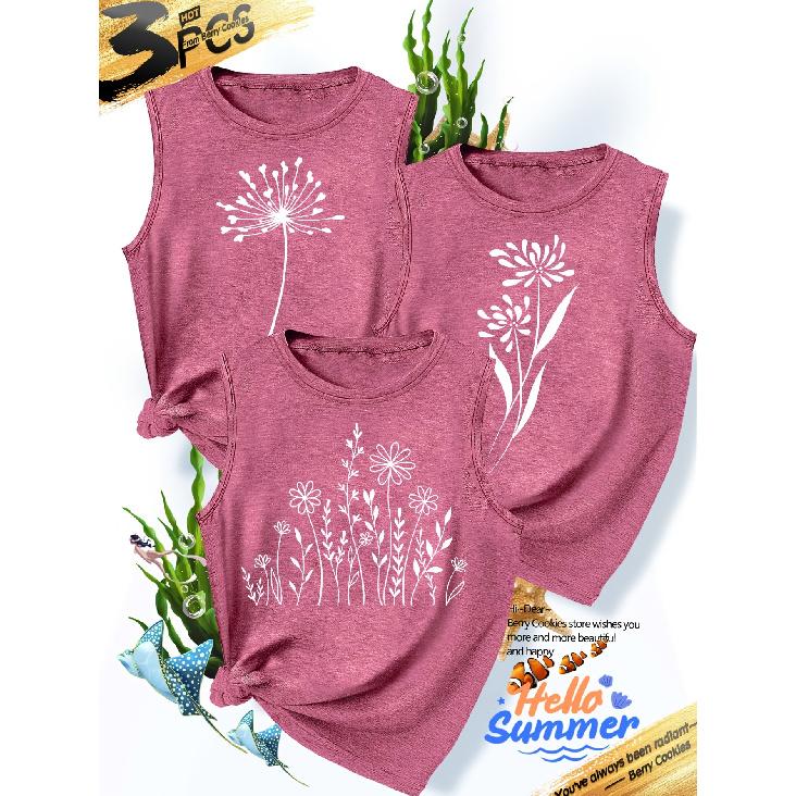 2026New Women's vest3Pieces Dandelion Wildflower Print Simple, Stylish, Casual, Versatile, Comfortable, Soft, Skin-friendly Spring/summer Top S-XXL
