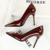 Fashion Western Style Pumps Women Shoes 10cm Thin Heels Glossy Patent Leather Shallow Pointed Toe Metal Crystal Buckle Pumps Black Red