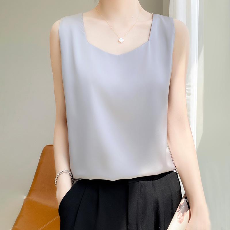 2025 Spring/Summer Women s V-Neck Slimming Wide Strap Ice Silk Camisole XXXL серебряный серый