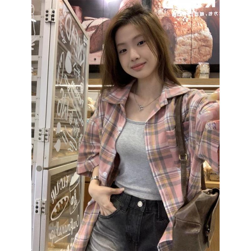 Koreanisches Hip Hop Retro Karo Oversized Kurzarmhemd für Damen