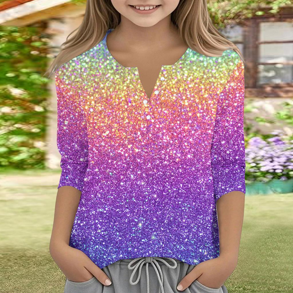 Print Tops For Youth Girls V Neck Button 3/4 Sleeves T-Shirts Trendy Tops Outfit Tees